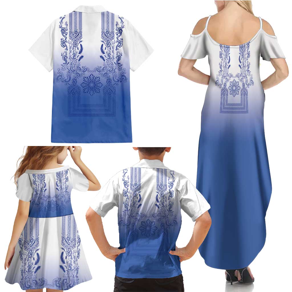 Philippines Barong Style Family Matching Summer Maxi Dress and Hawaiian Shirt with Polynesian Art and Leaf Motif Blue Color