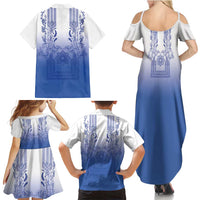 Philippines Barong Style Family Matching Summer Maxi Dress and Hawaiian Shirt with Polynesian Art and Leaf Motif Blue Color