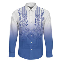 Philippines Barong Style Family Matching Summer Maxi Dress and Hawaiian Shirt with Polynesian Art and Leaf Motif Blue Color