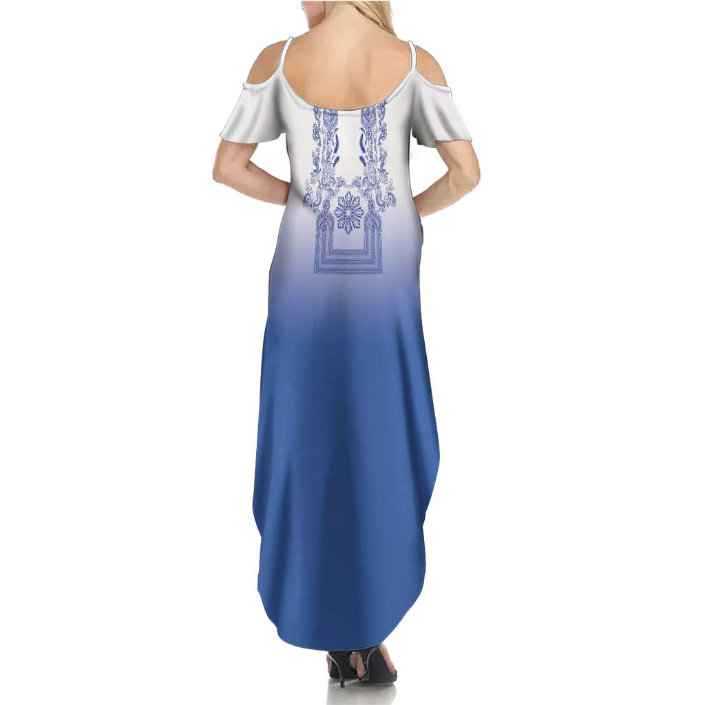Philippines Barong Style Family Matching Summer Maxi Dress and Hawaiian Shirt with Polynesian Art and Leaf Motif Blue Color