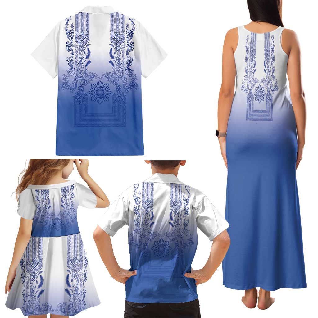 Philippines Barong Style Family Matching Tank Maxi Dress and Hawaiian Shirt with Polynesian Art and Leaf Motif Blue Color