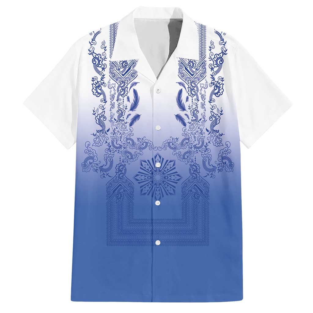 Philippines Barong Style Hawaiian Shirt with Polynesian Art and Leaf Motif Blue Color LT03 Blue - Polynesian Pride