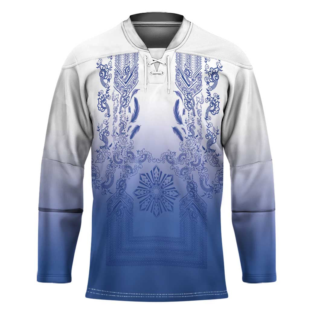 Philippines Barong Style Hockey Jersey with Polynesian Art and Leaf Motif Blue Color LT03 Unisex Blue - Polynesian Pride