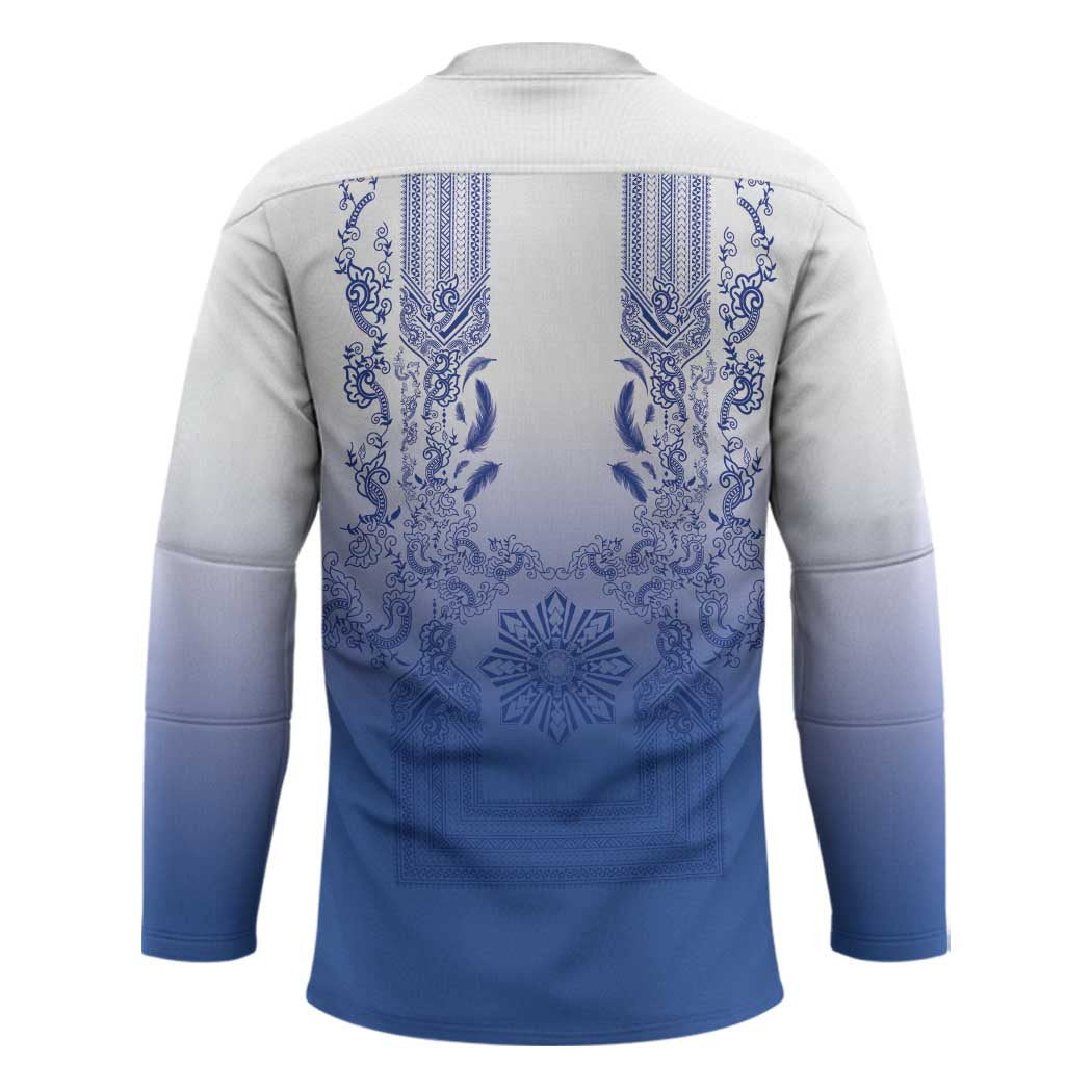 Philippines Barong Style Hockey Jersey with Polynesian Art and Leaf Motif Blue Color LT03 - Polynesian Pride