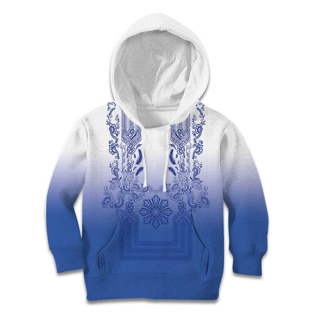 Philippines Barong Style Kid Hoodie with Polynesian Art and Leaf Motif Blue Color LT03 Hoodie Blue - Polynesian Pride