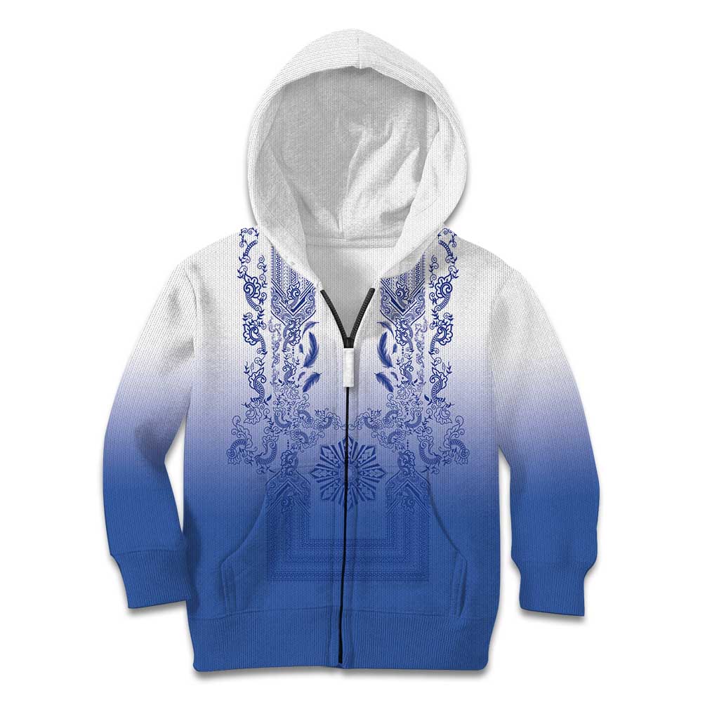 Philippines Barong Style Kid Hoodie with Polynesian Art and Leaf Motif Blue Color LT03 Zip Hoodie Blue - Polynesian Pride