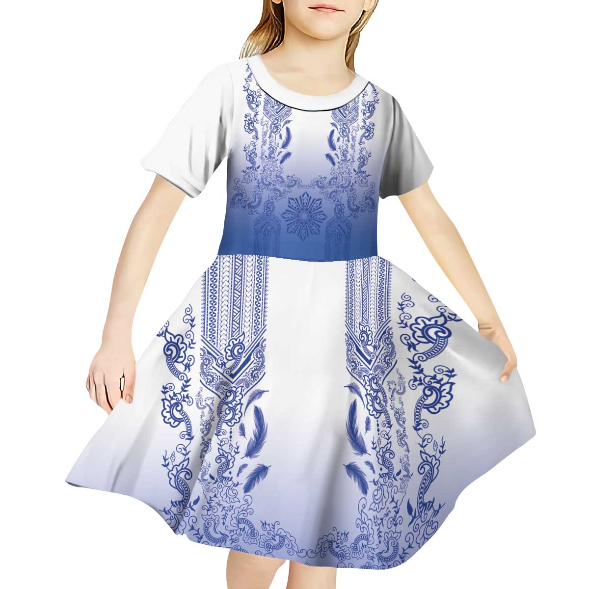Philippines Barong Style Kid Short Sleeve Dress with Polynesian Art and Leaf Motif Blue Color LT03 - Polynesian Pride