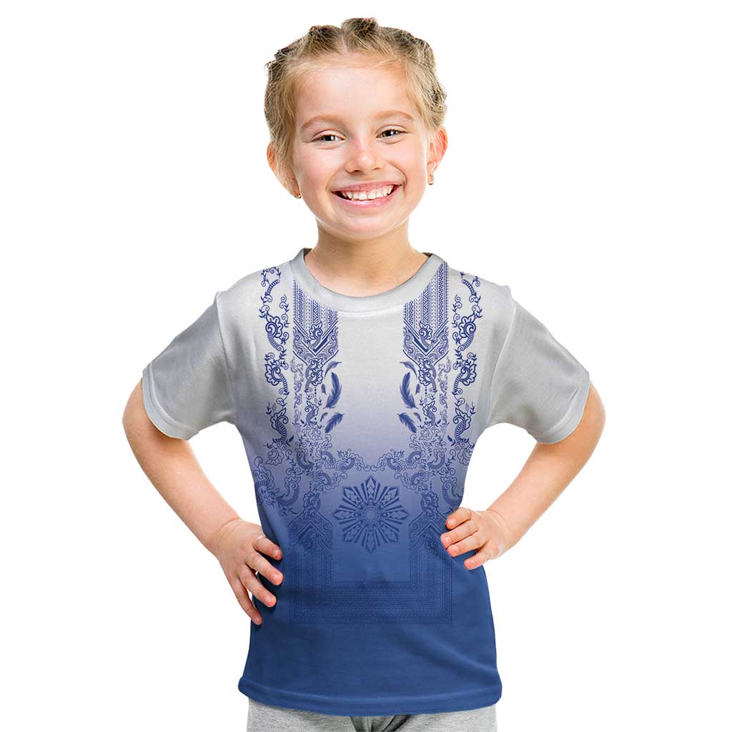 Philippines Barong Style Kid T Shirt with Polynesian Art and Leaf Motif Blue Color LT03 Blue - Polynesian Pride