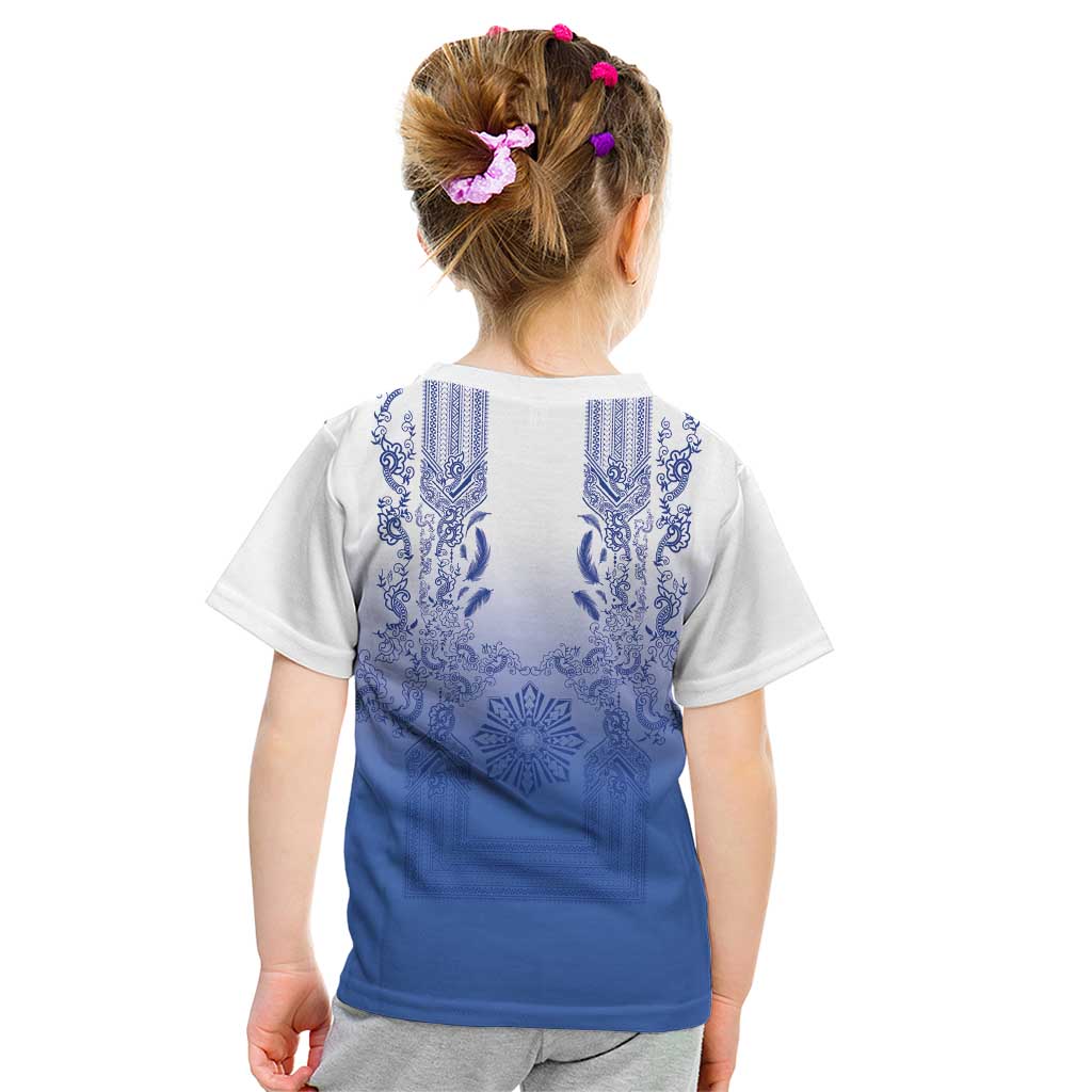 Philippines Barong Style Kid T Shirt with Polynesian Art and Leaf Motif Blue Color LT03 - Polynesian Pride