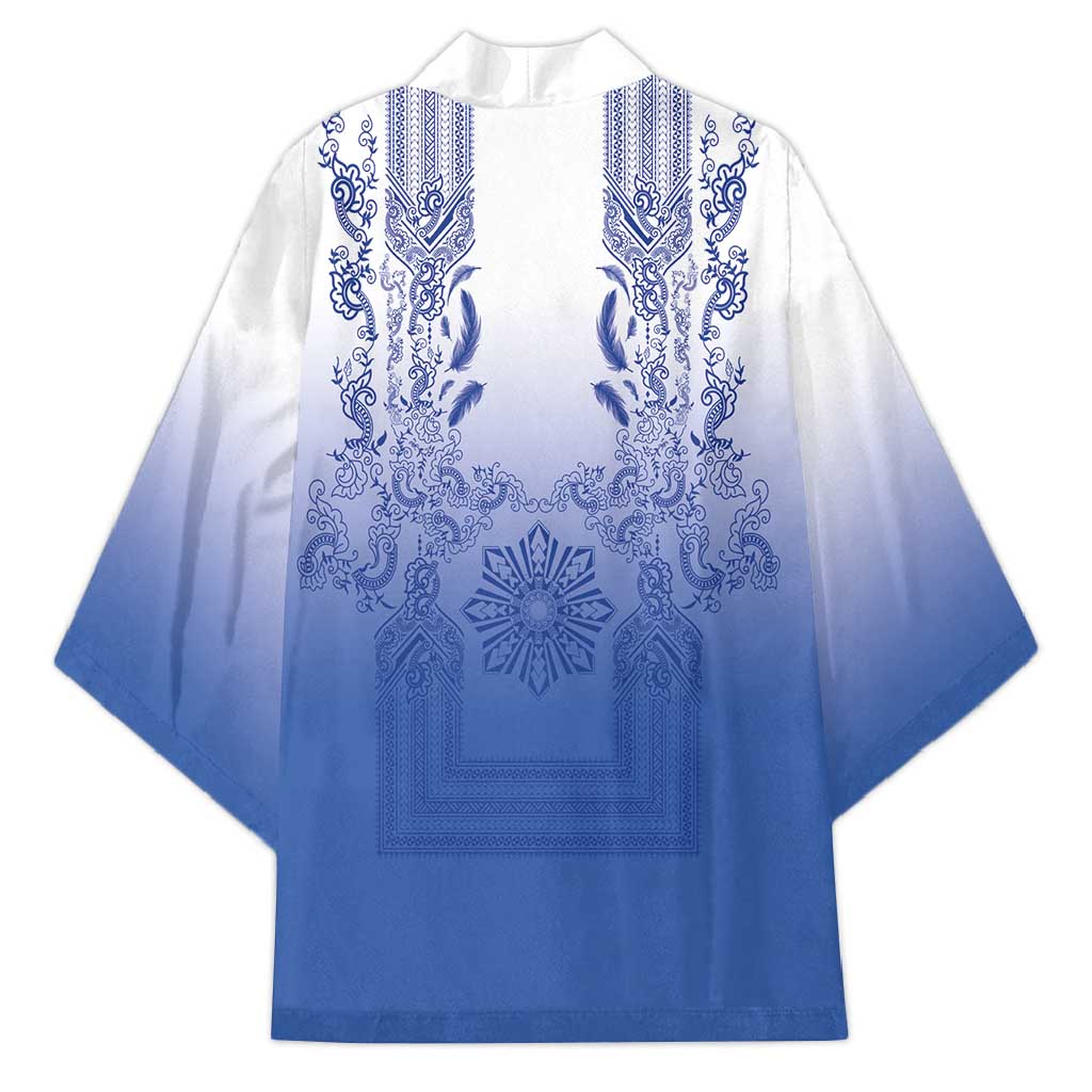 Philippines Barong Style Kimono with Polynesian Art and Leaf Motif Blue Color