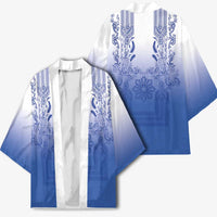 Philippines Barong Style Kimono with Polynesian Art and Leaf Motif Blue Color