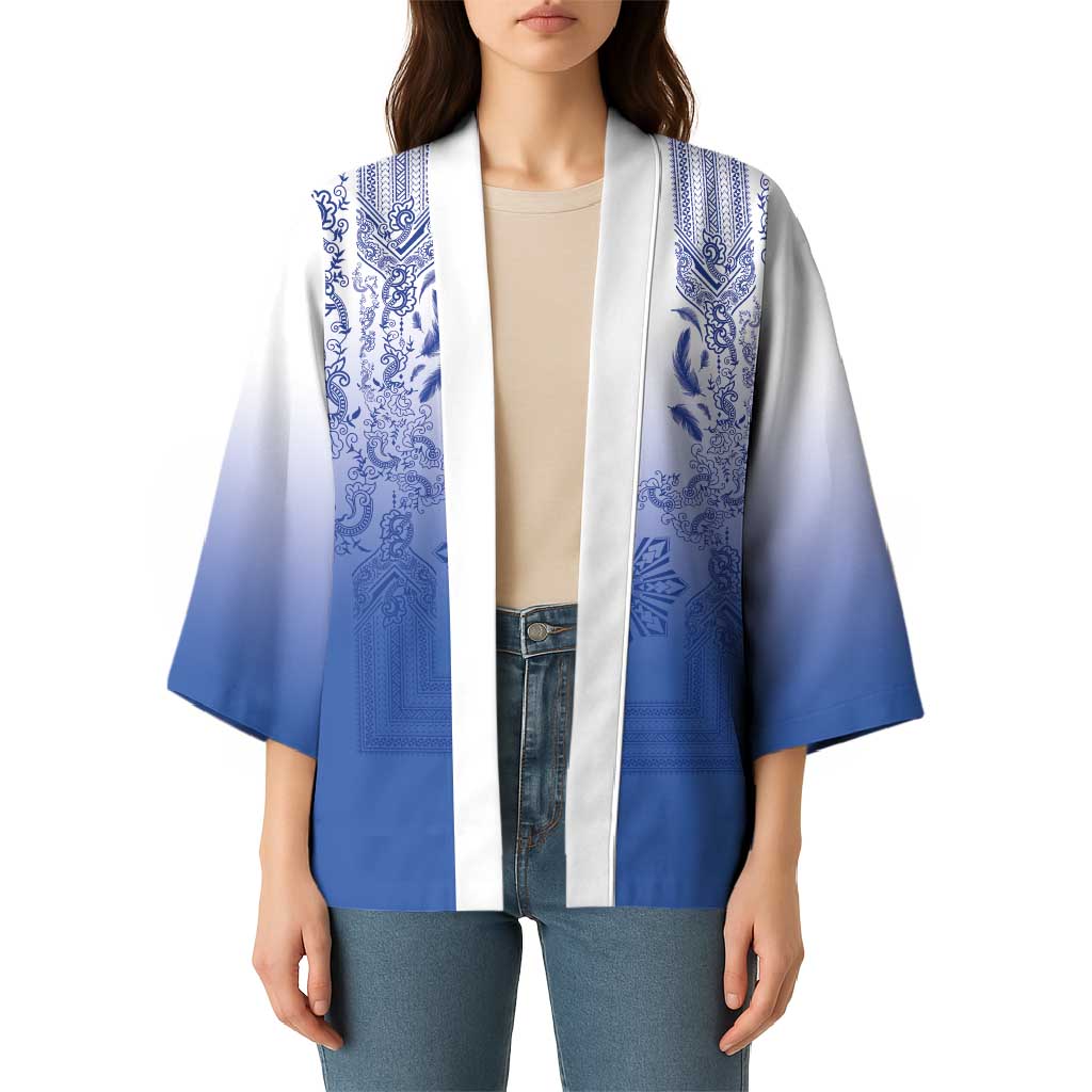 Philippines Barong Style Kimono with Polynesian Art and Leaf Motif Blue Color