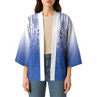 Philippines Barong Style Kimono with Polynesian Art and Leaf Motif Blue Color