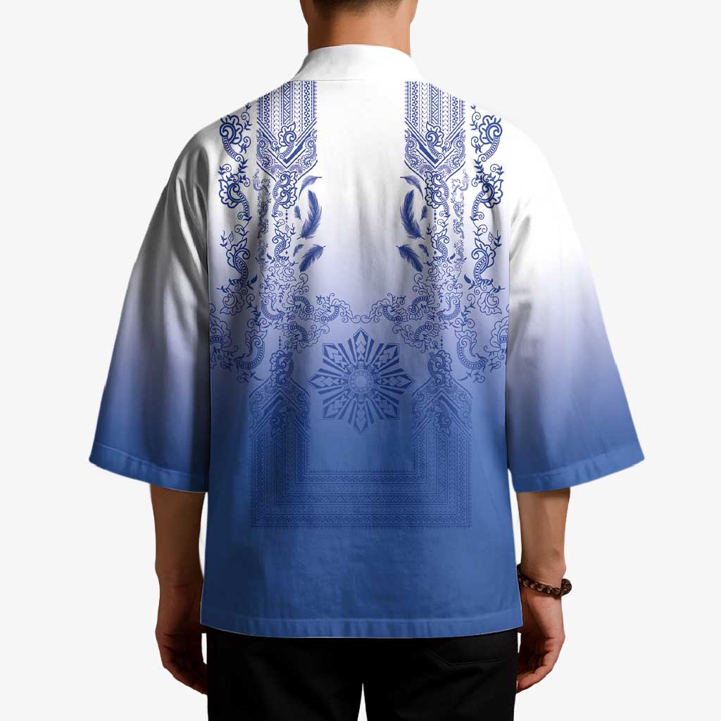 Philippines Barong Style Kimono with Polynesian Art and Leaf Motif Blue Color