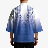 Philippines Barong Style Kimono with Polynesian Art and Leaf Motif Blue Color