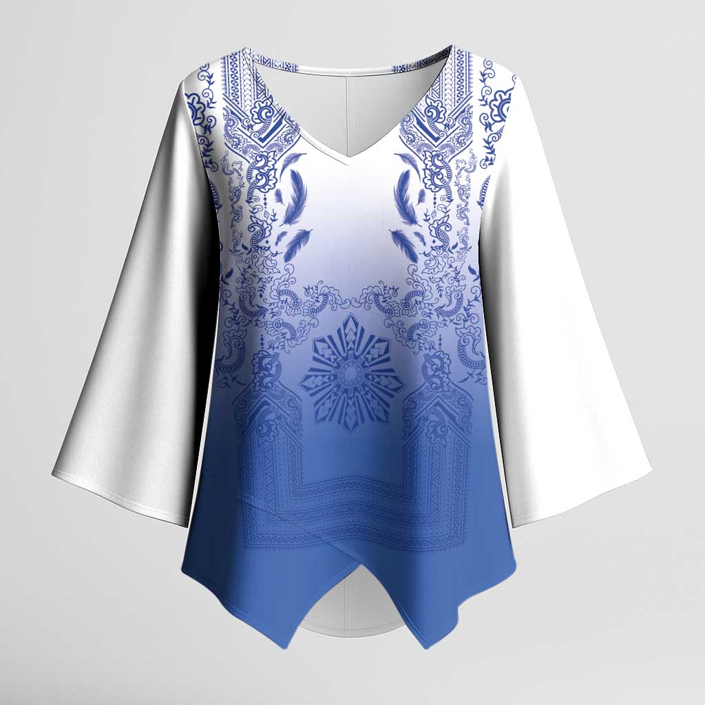 Philippines Barong Style Kimono Sleeve Blouse with Polynesian Art and Leaf Motif Blue Color LT03 Female Blue - Polynesian Pride