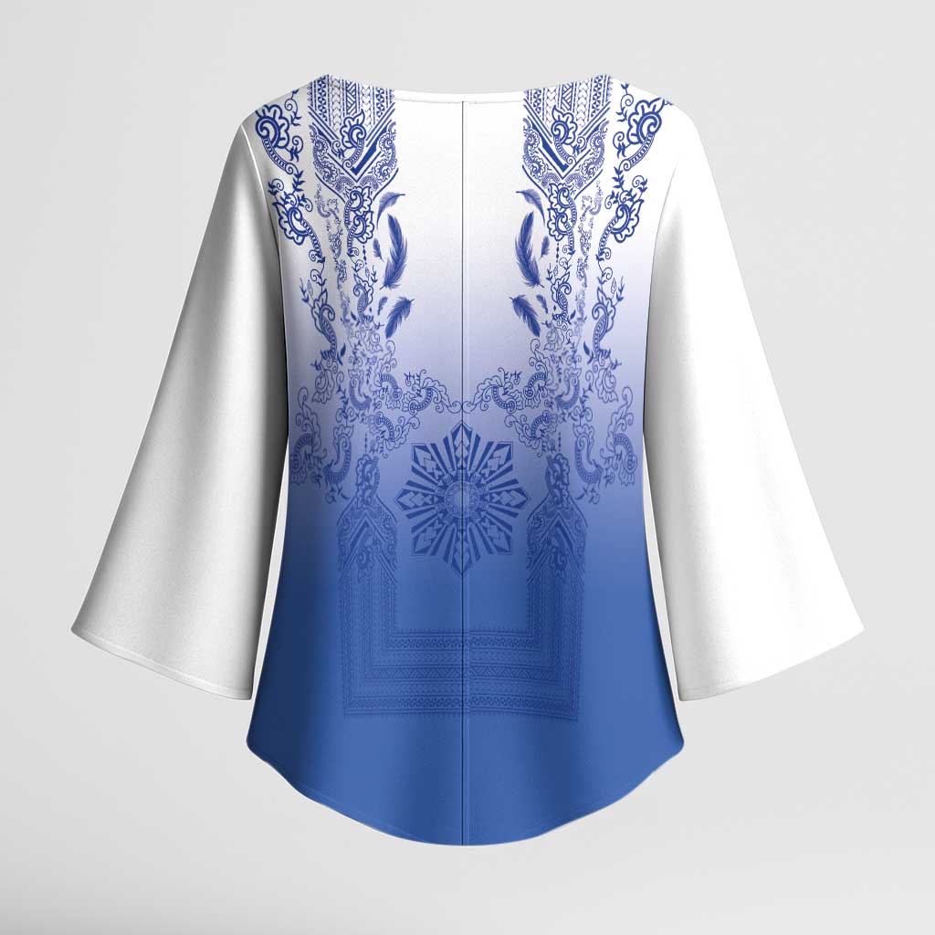 Philippines Barong Style Kimono Sleeve Blouse with Polynesian Art and Leaf Motif Blue Color LT03 - Polynesian Pride