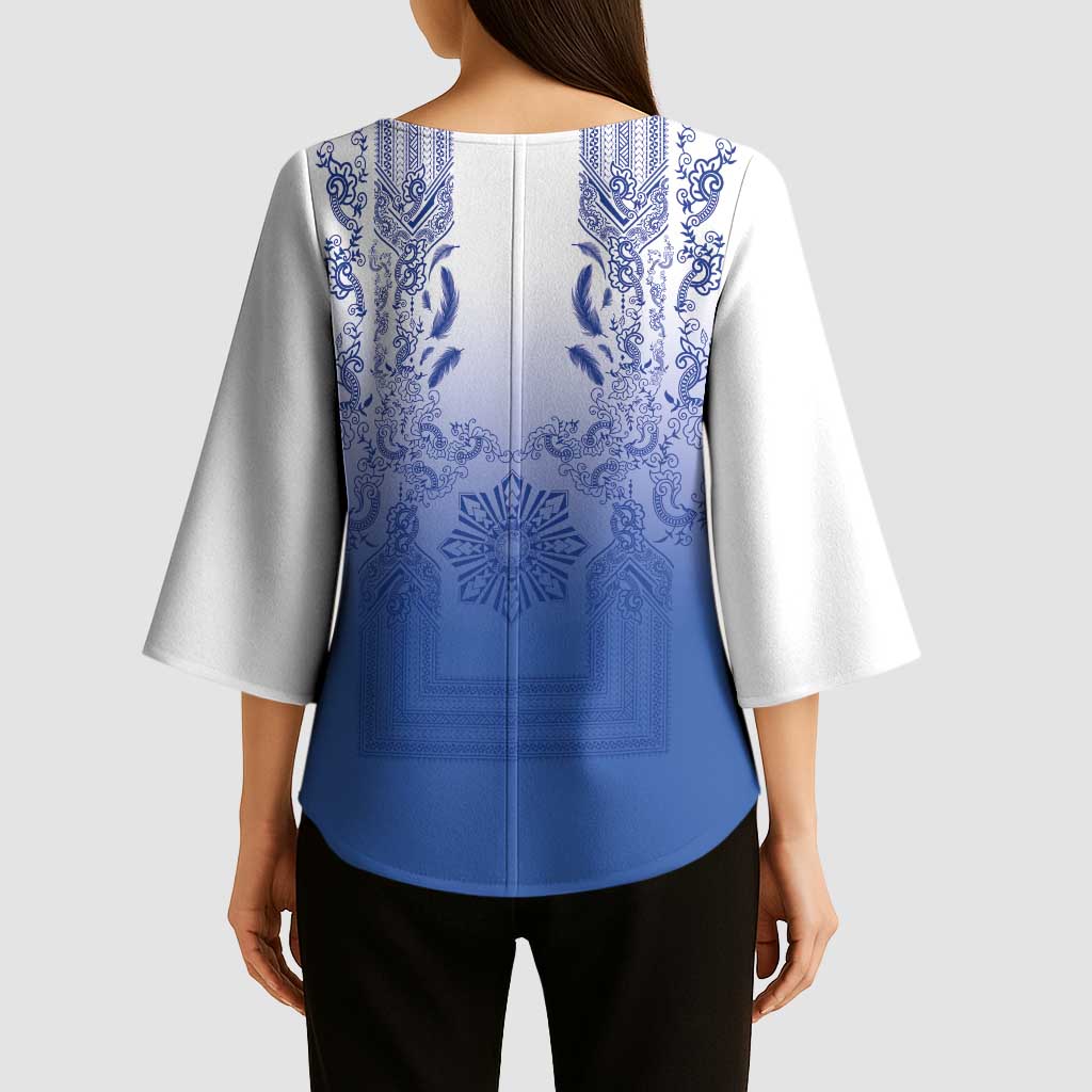 Philippines Barong Style Kimono Sleeve Blouse with Polynesian Art and Leaf Motif Blue Color LT03 - Polynesian Pride