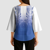 Philippines Barong Style Kimono Sleeve Blouse with Polynesian Art and Leaf Motif Blue Color LT03 - Polynesian Pride