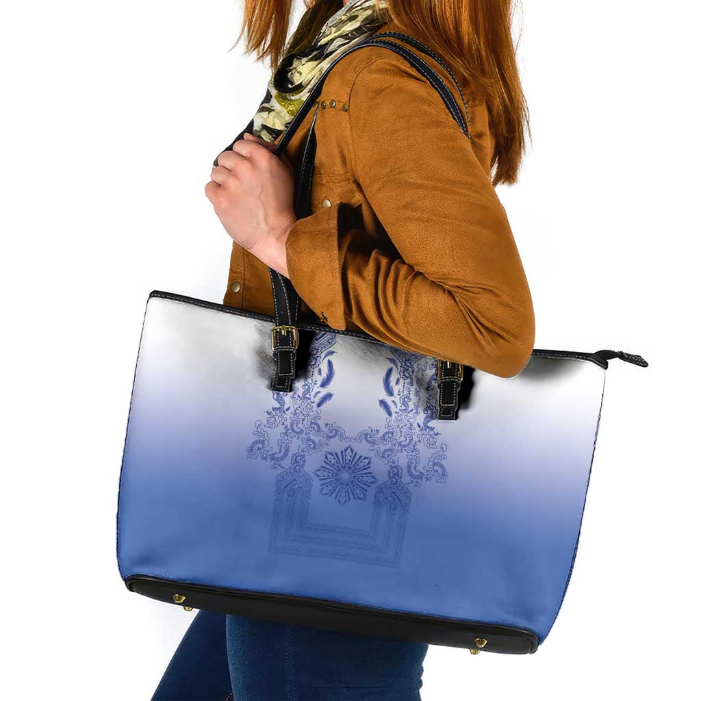 Philippines Barong Style Leather Tote Bag with Polynesian Art and Leaf Motif Blue Color LT03 Blue - Polynesian Pride