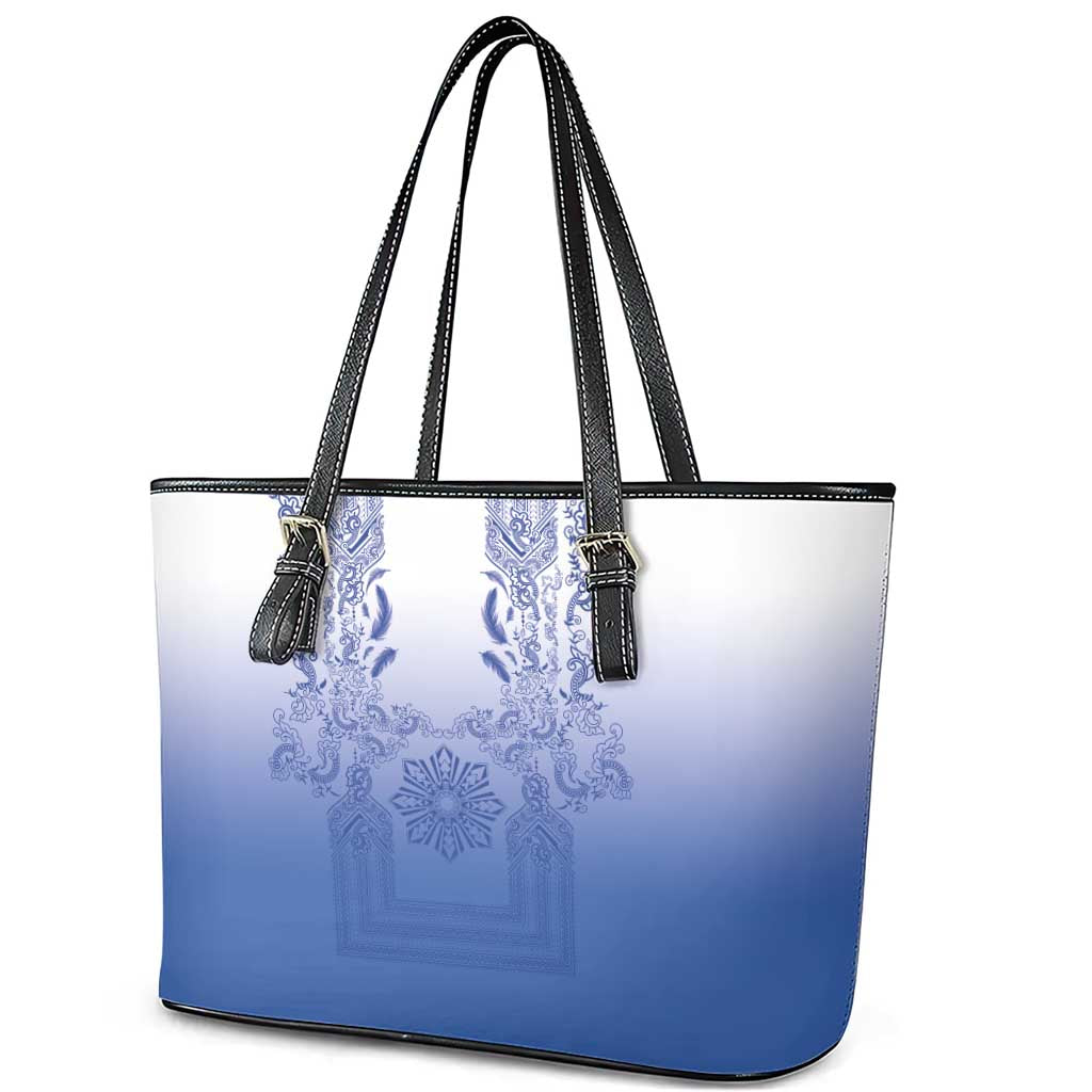 Philippines Barong Style Leather Tote Bag with Polynesian Art and Leaf Motif Blue Color LT03 - Polynesian Pride