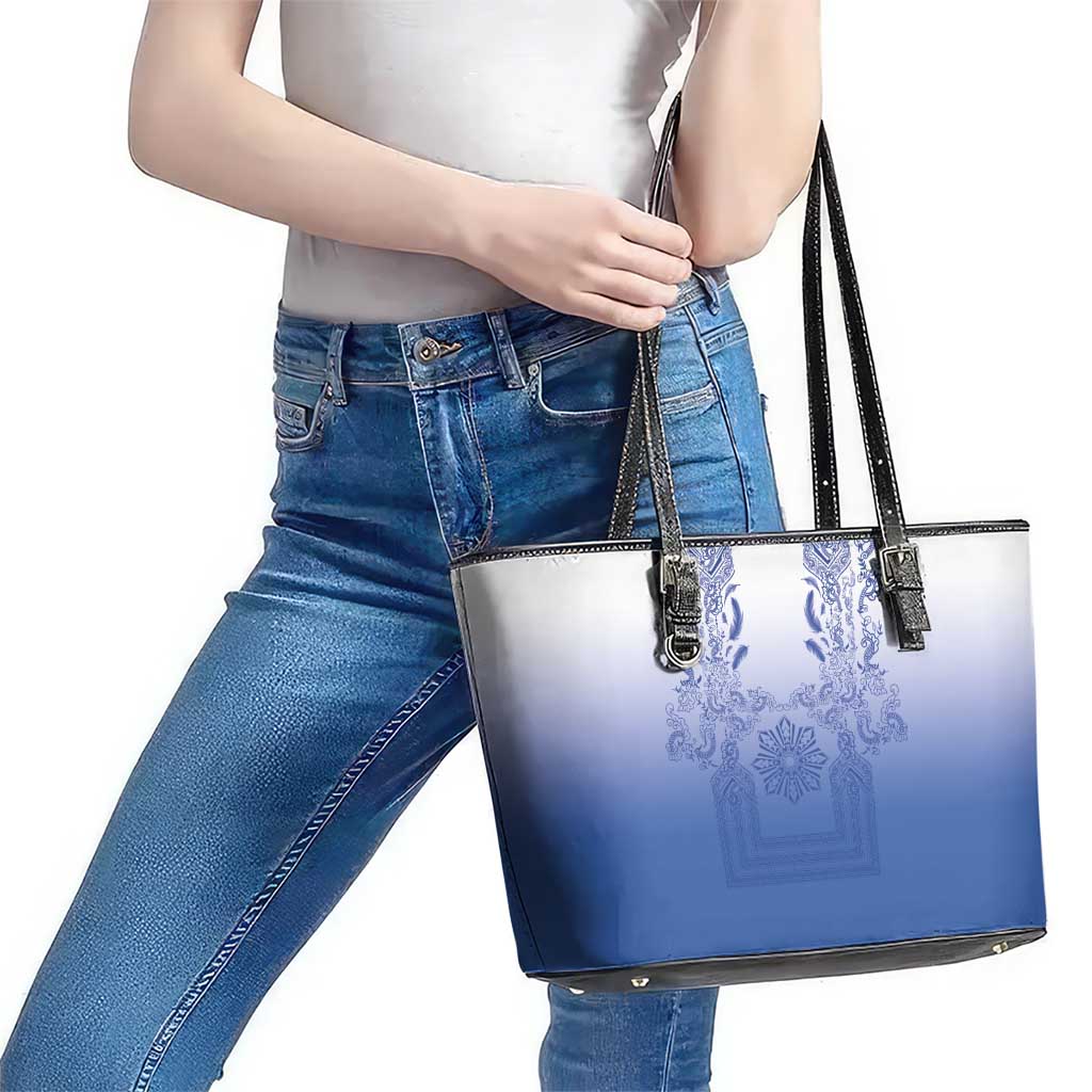 Philippines Barong Style Leather Tote Bag with Polynesian Art and Leaf Motif Blue Color LT03 - Polynesian Pride