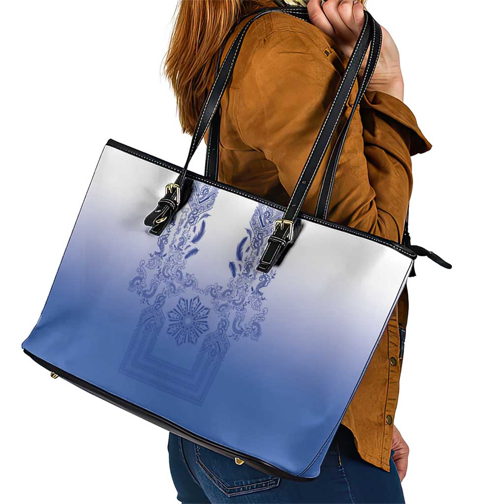 Philippines Barong Style Leather Tote Bag with Polynesian Art and Leaf Motif Blue Color LT03 - Polynesian Pride