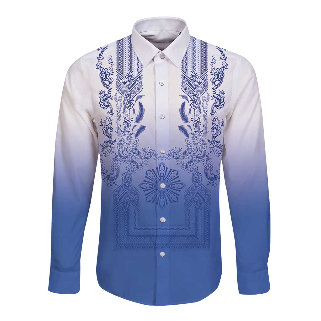 Philippines Barong Style Long Sleeve Button Shirt with Polynesian Art and Leaf Motif Blue Color