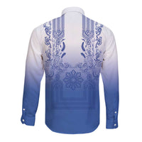 Philippines Barong Style Long Sleeve Button Shirt with Polynesian Art and Leaf Motif Blue Color