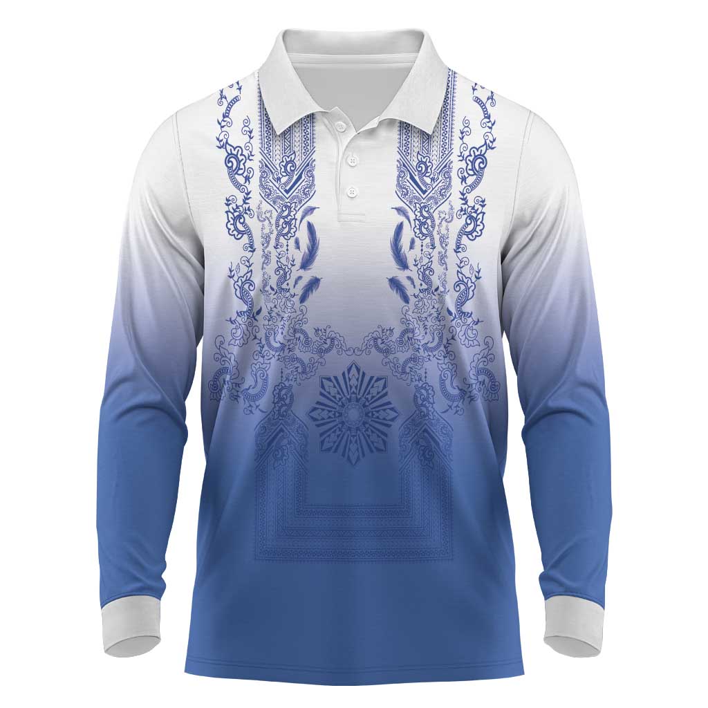 Philippines Barong Style Long Sleeve Polo Shirt with Polynesian Art and Leaf Motif Blue Color LT03 Blue - Polynesian Pride