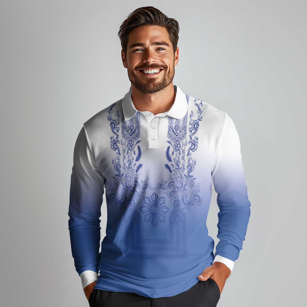 Philippines Barong Style Long Sleeve Polo Shirt with Polynesian Art and Leaf Motif Blue Color