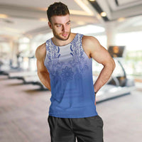 Philippines Barong Style Men Tank Top with Polynesian Art and Leaf Motif Blue Color LT03 Blue - Polynesian Pride