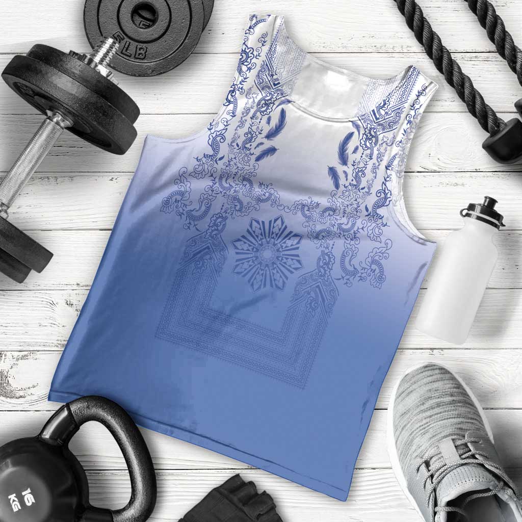 Philippines Barong Style Men Tank Top with Polynesian Art and Leaf Motif Blue Color LT03 - Polynesian Pride