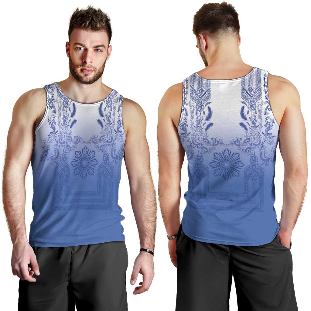 Philippines Barong Style Men Tank Top with Polynesian Art and Leaf Motif Blue Color LT03 - Polynesian Pride