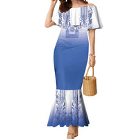 Philippines Barong Style Mermaid Dress with Polynesian Art and Leaf Motif Blue Color