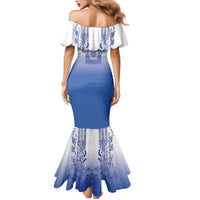 Philippines Barong Style Mermaid Dress with Polynesian Art and Leaf Motif Blue Color