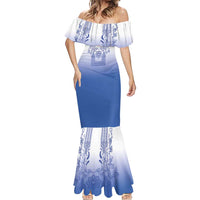 Philippines Barong Style Mermaid Dress with Polynesian Art and Leaf Motif Blue Color