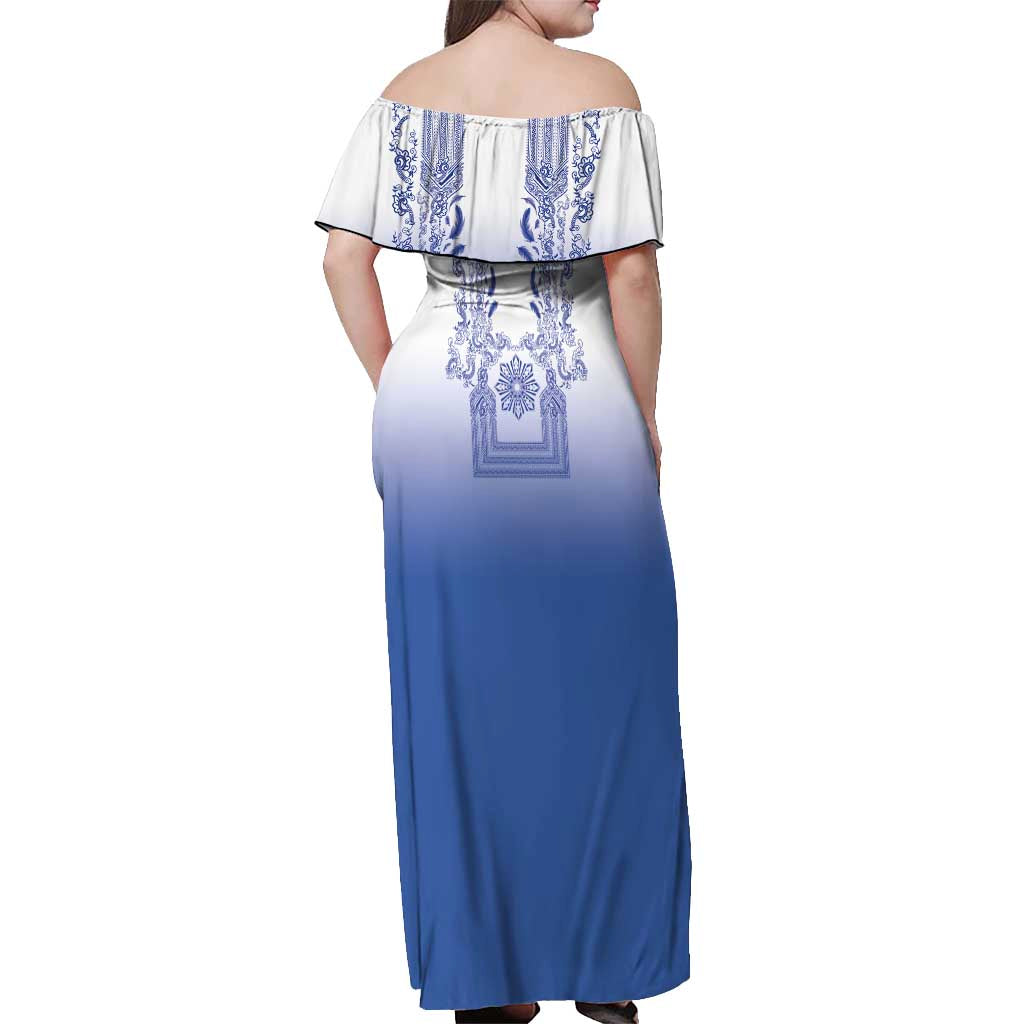 Philippines Barong Style Off Shoulder Maxi Dress with Polynesian Art and Leaf Motif Blue Color LT03 - Polynesian Pride