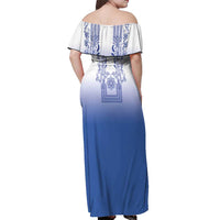 Philippines Barong Style Off Shoulder Maxi Dress with Polynesian Art and Leaf Motif Blue Color LT03 - Polynesian Pride