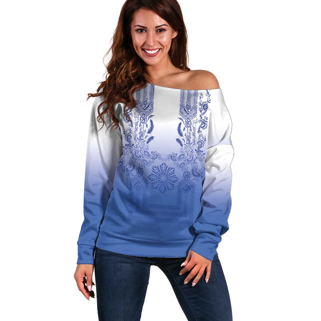 Philippines Barong Style Off Shoulder Sweater with Polynesian Art and Leaf Motif Blue Color LT03 Women Blue - Polynesian Pride