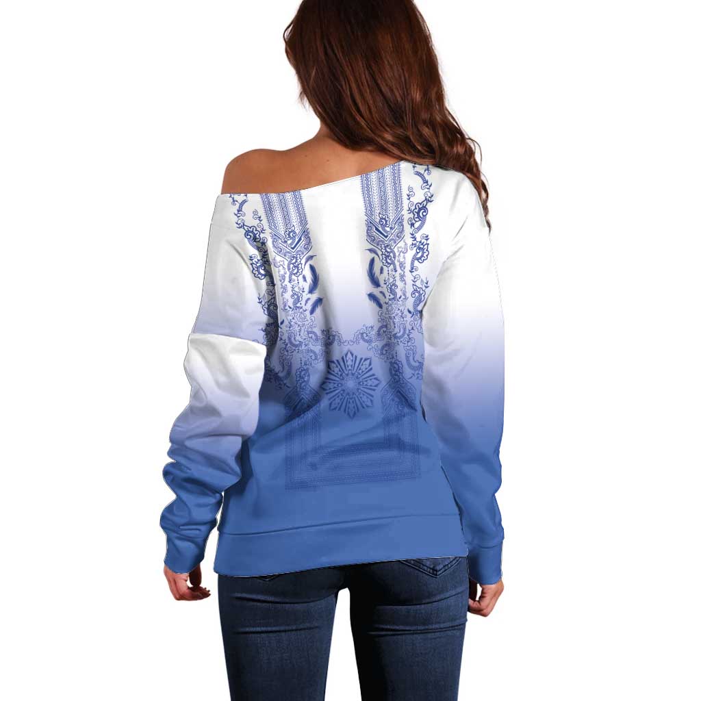 Philippines Barong Style Off Shoulder Sweater with Polynesian Art and Leaf Motif Blue Color LT03 - Polynesian Pride