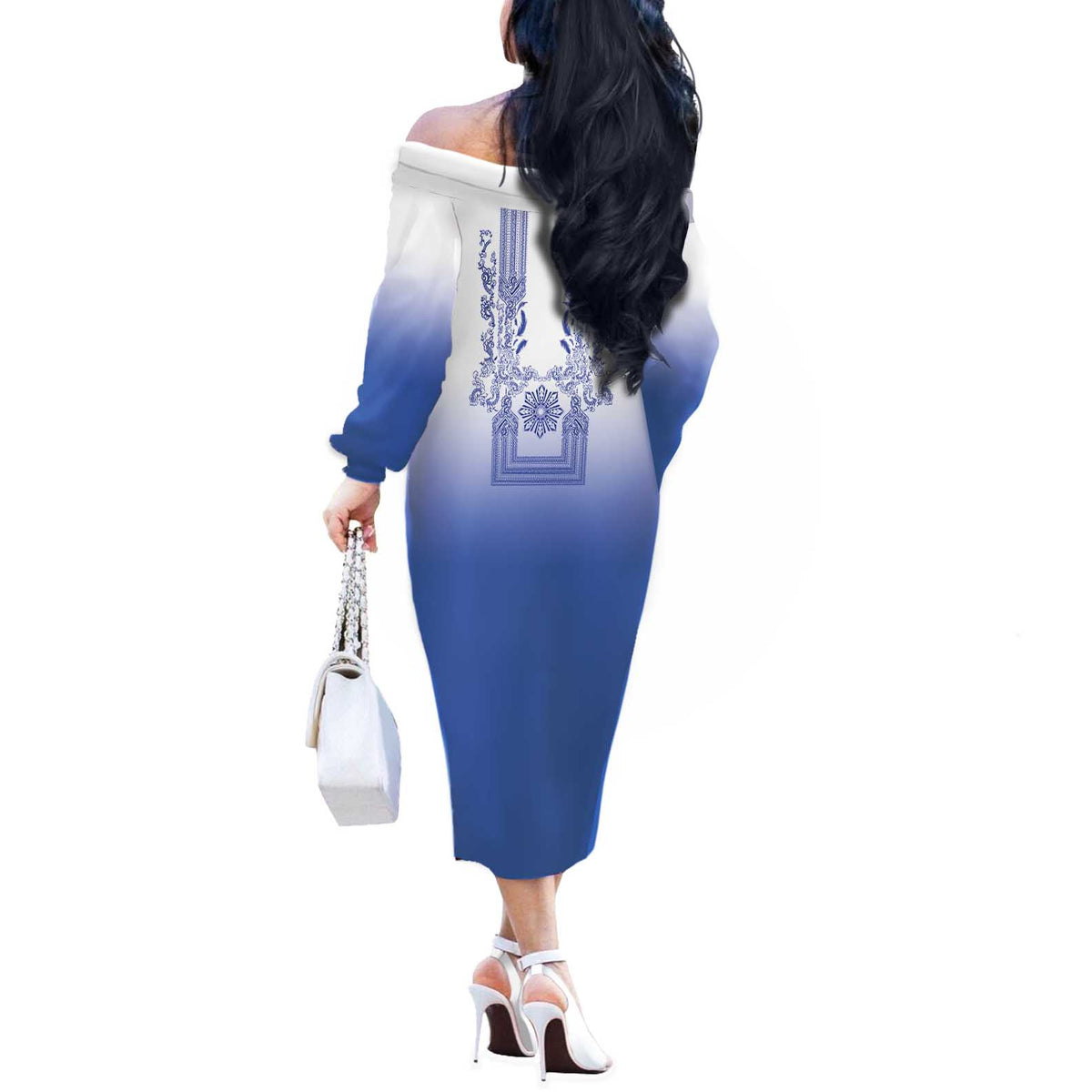 Philippines Barong Style Off The Shoulder Long Sleeve Dress with Polynesian Art and Leaf Motif Blue Color LT03 - Polynesian Pride
