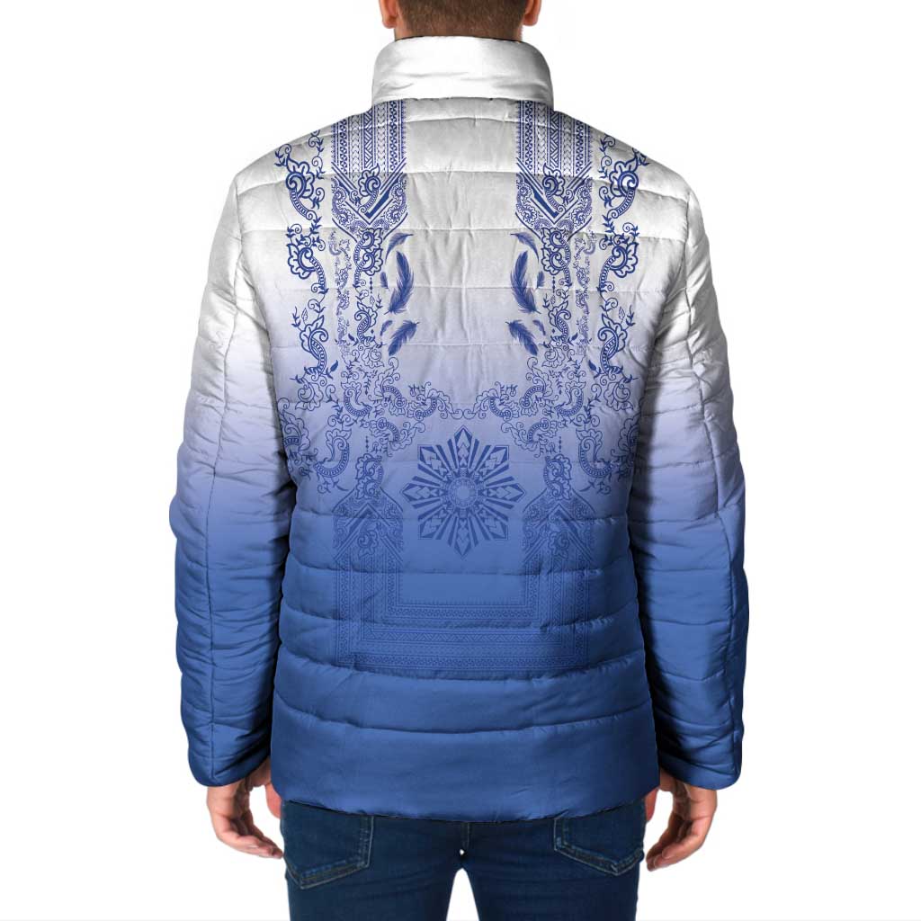 Philippines Barong Style Padded Jacket with Polynesian Art and Leaf Motif Blue Color LT03 - Polynesian Pride