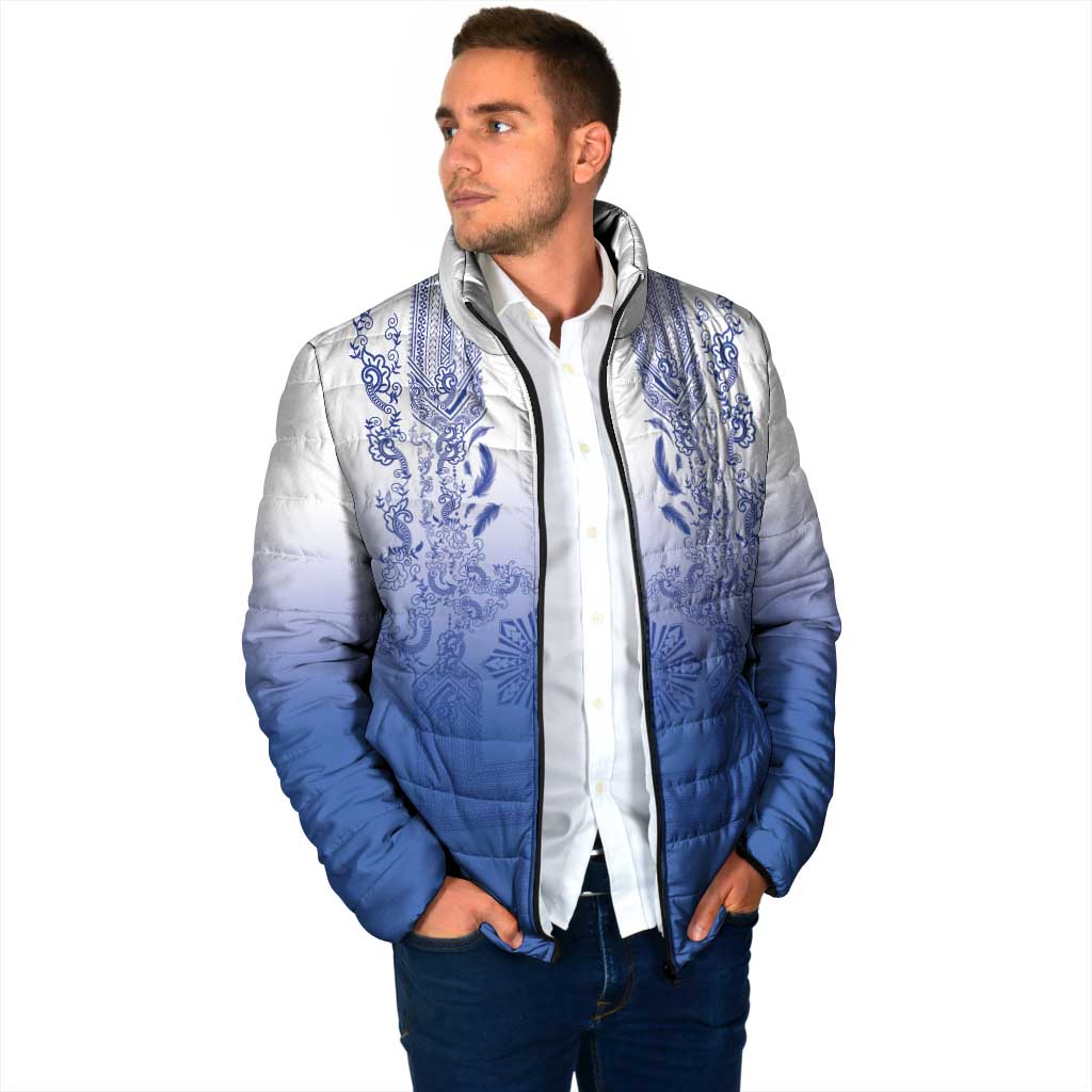 Philippines Barong Style Padded Jacket with Polynesian Art and Leaf Motif Blue Color LT03 - Polynesian Pride
