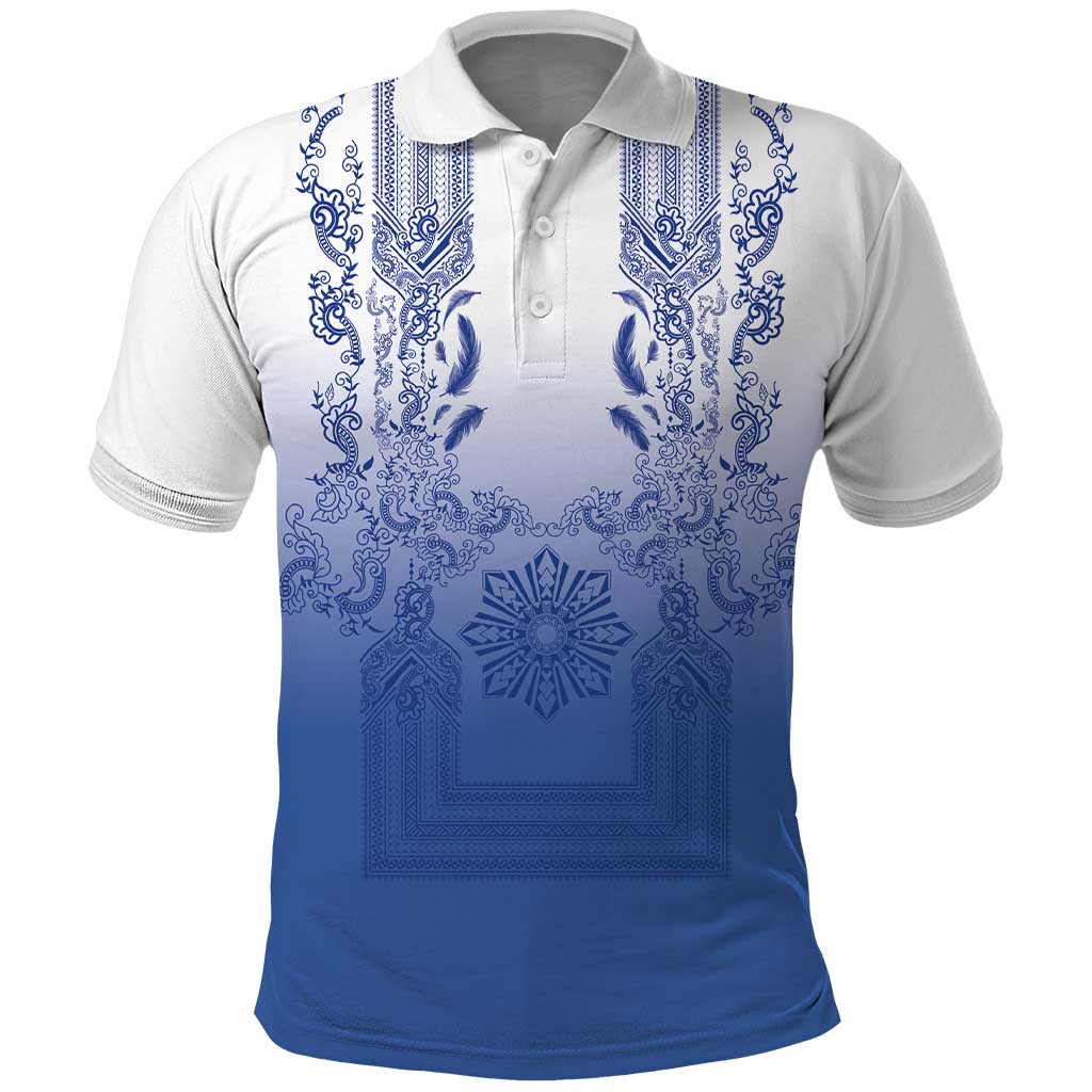 Philippines Barong Style Polo Shirt with Polynesian Art and Leaf Motif Blue Color LT03 Blue - Polynesian Pride