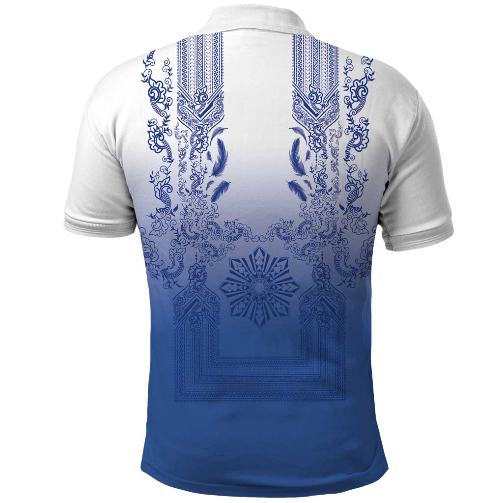 Philippines Barong Style Polo Shirt with Polynesian Art and Leaf Motif Blue Color LT03 - Polynesian Pride