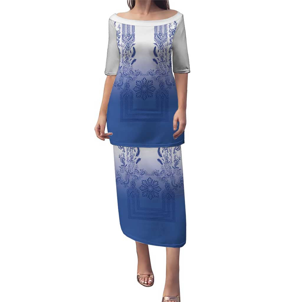 Philippines Barong Style Puletasi with Polynesian Art and Leaf Motif Blue Color LT03 Long Dress Blue - Polynesian Pride