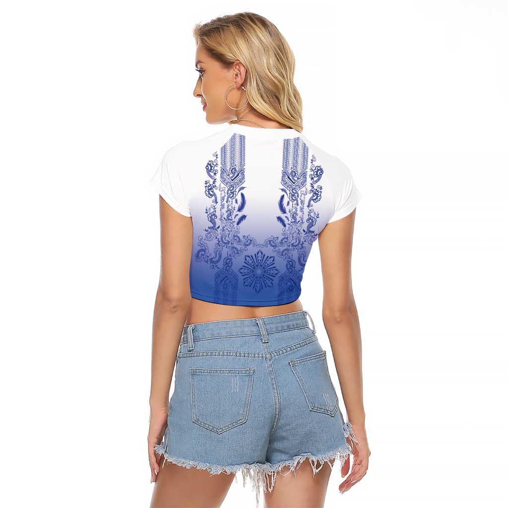 Philippines Barong Style Raglan Cropped T Shirt with Polynesian Art and Leaf Motif Blue Color LT03 - Polynesian Pride