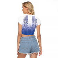 Philippines Barong Style Raglan Cropped T Shirt with Polynesian Art and Leaf Motif Blue Color LT03 - Polynesian Pride