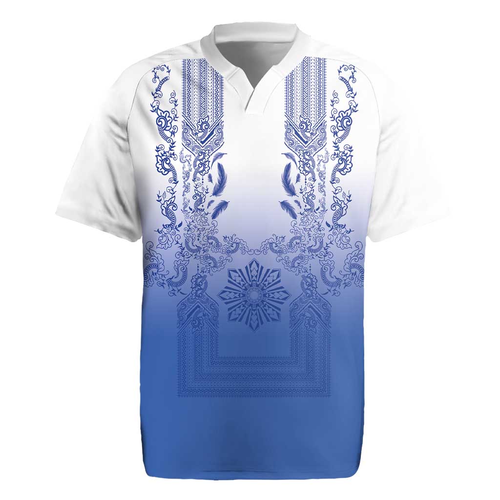 Philippines Barong Style Rugby Jersey with Polynesian Art and Leaf Motif Blue Color LT03 Blue - Polynesian Pride